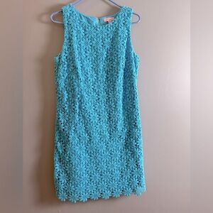 Lilly Pulitzer Turquoise Daisy Eyelet Dress in Sz 8 19" PTP Knee Length EUC